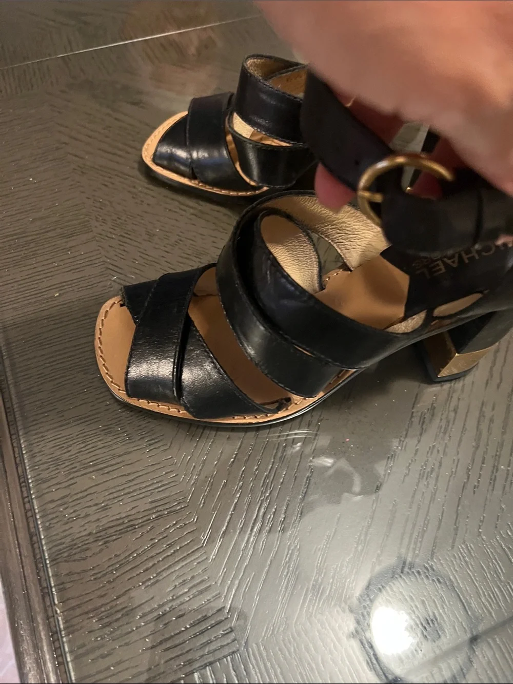 Michael Kors Black Leather Strappy Block Heels with Gold Accent